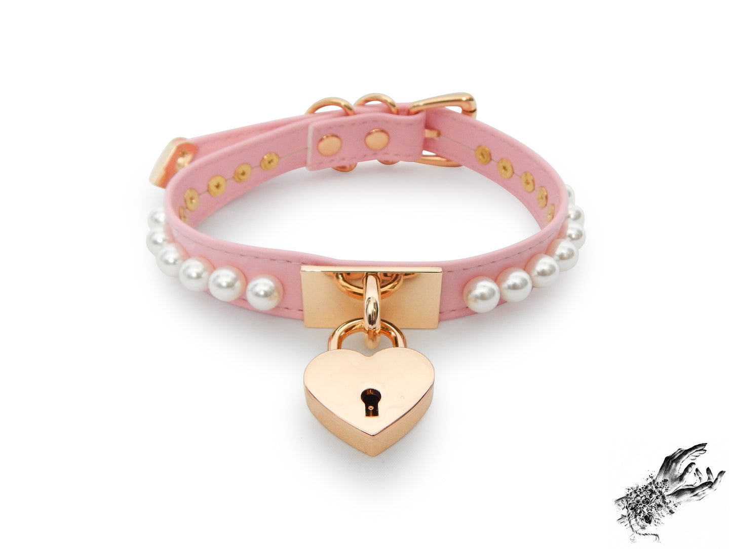 Pink and Gold Pearl Heart Padlock Choker - 8th Sin