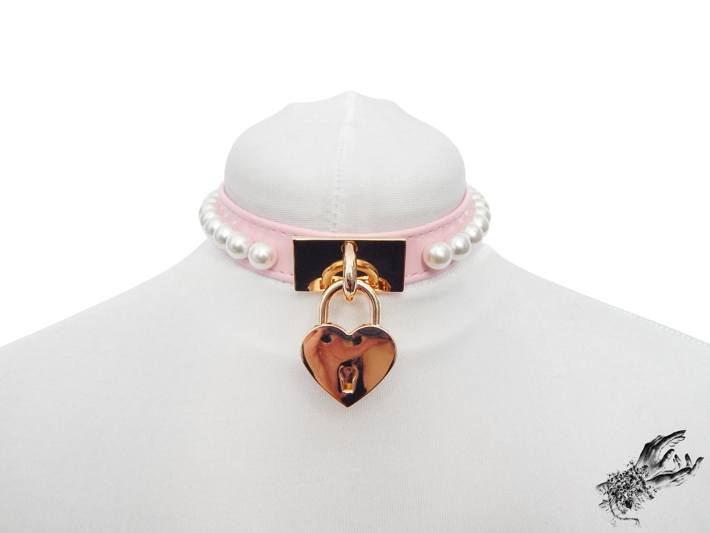 Pink and Gold Pearl Heart Padlock Choker - 8th Sin