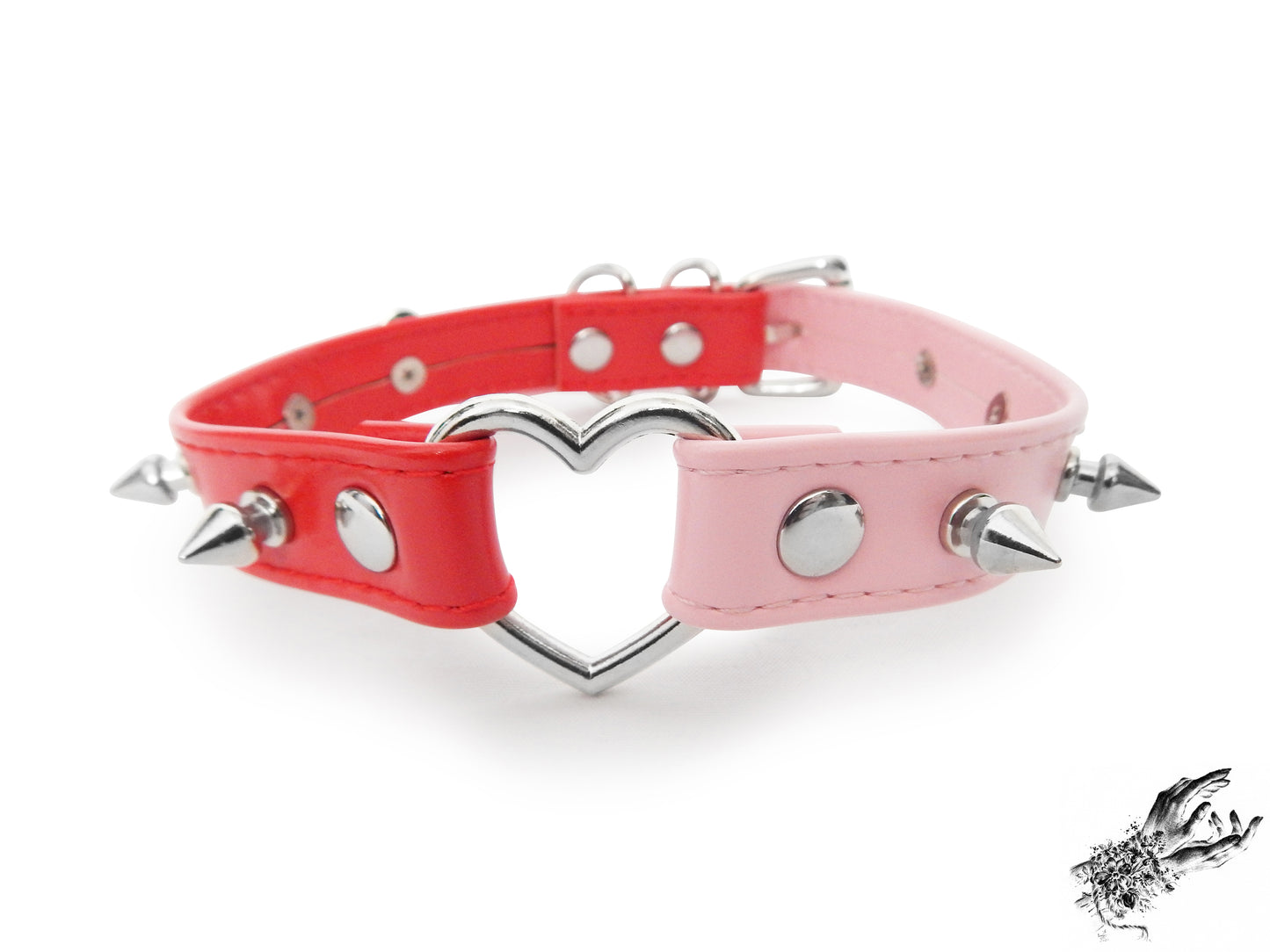 Half Pink and Half Red Studded Heart Ring Choker