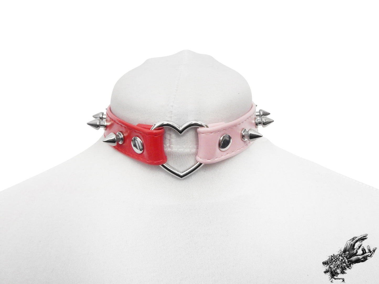 Half Pink and Half Red Studded Heart Ring Choker