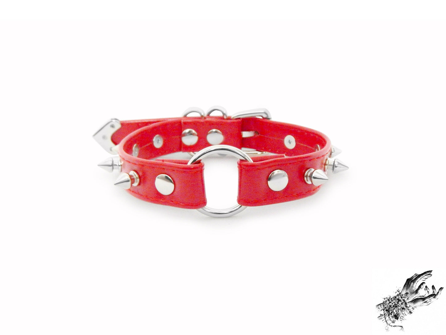 Red Faux Leather Studded O Ring Choker - REGULAR SIZE