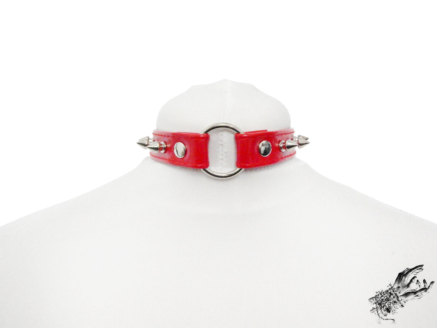 Red Faux Leather Studded O Ring Choker - REGULAR SIZE