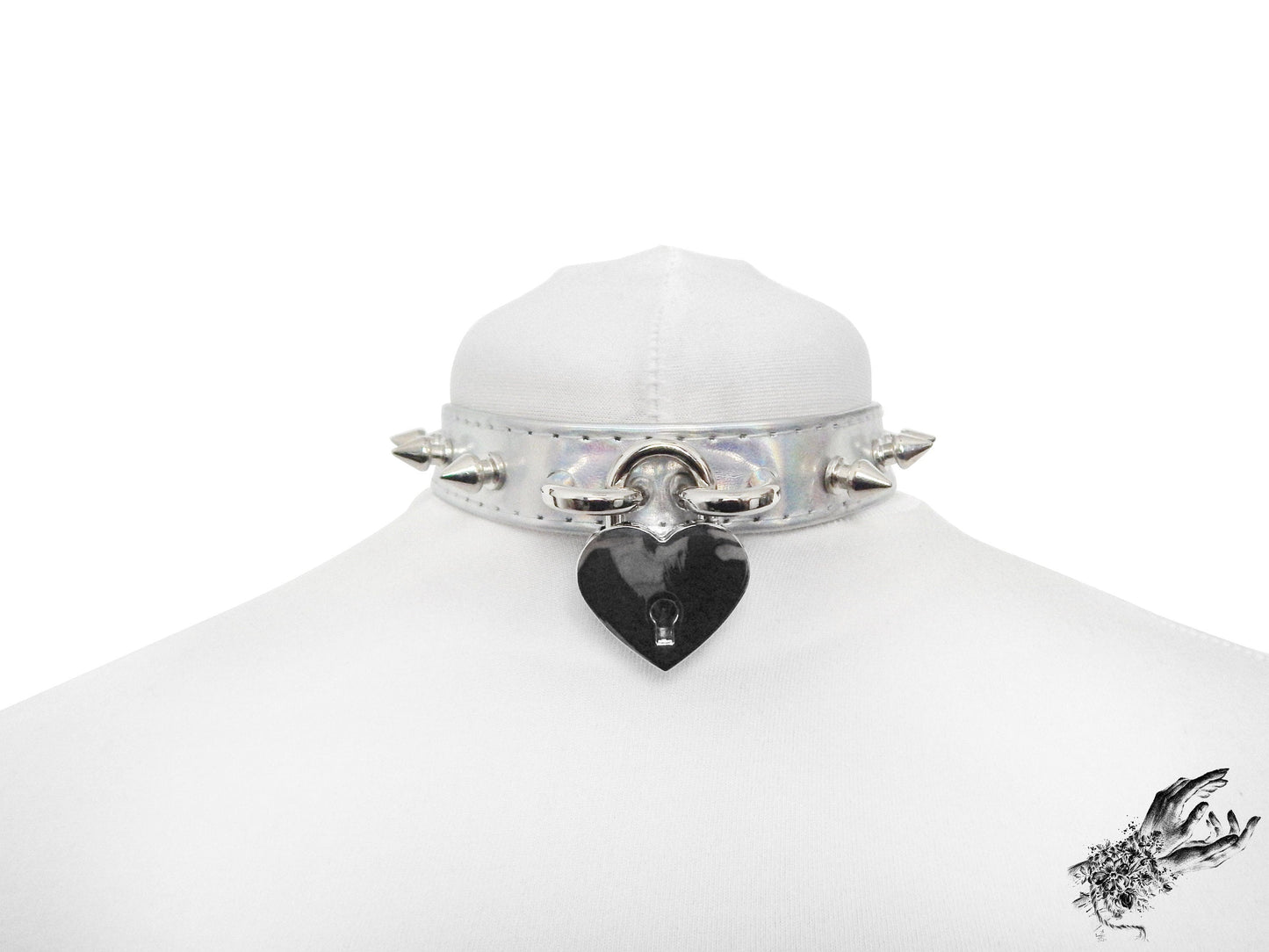 Holographic Silver Studded Heart Padlock Choker - LARGE SIZE - 8th Sin