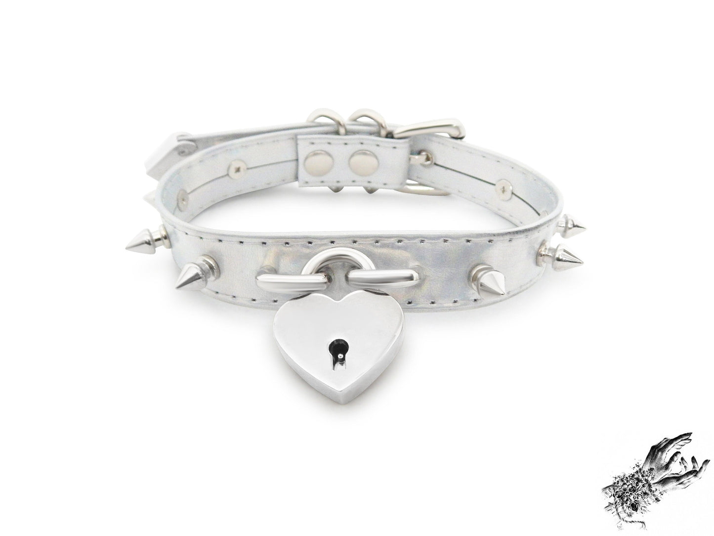 Holographic Silver Studded Heart Padlock Choker - LARGE SIZE - 8th Sin