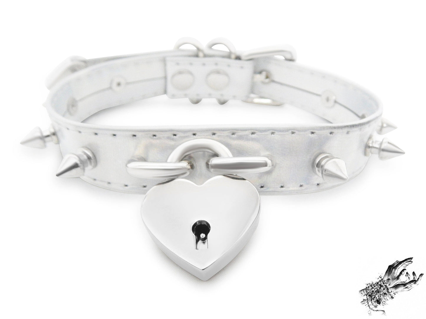 Holographic Silver Studded Heart Padlock Choker - LARGE SIZE - 8th Sin