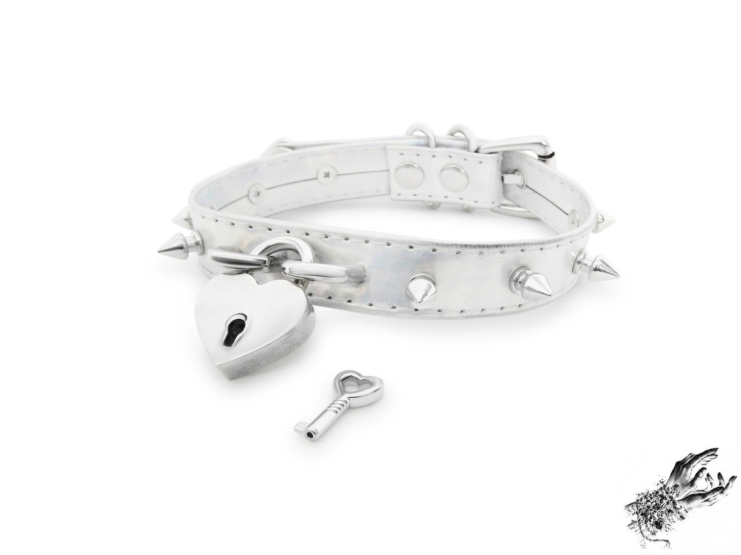 Holographic Silver Studded Heart Padlock Choker - LARGE SIZE - 8th Sin