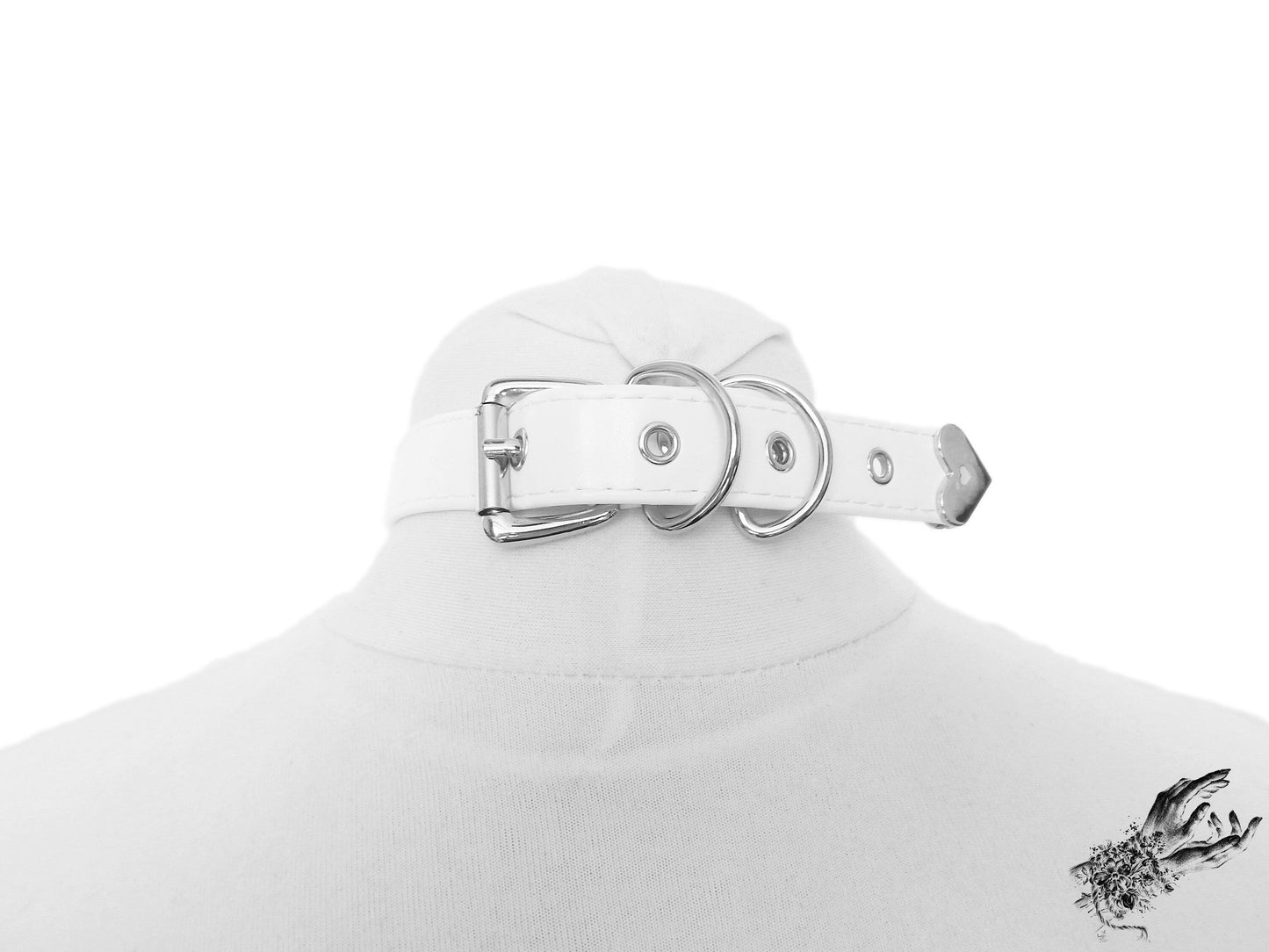 White Faux Leather Studded Heart Padlock Choker - LARGE SIZE