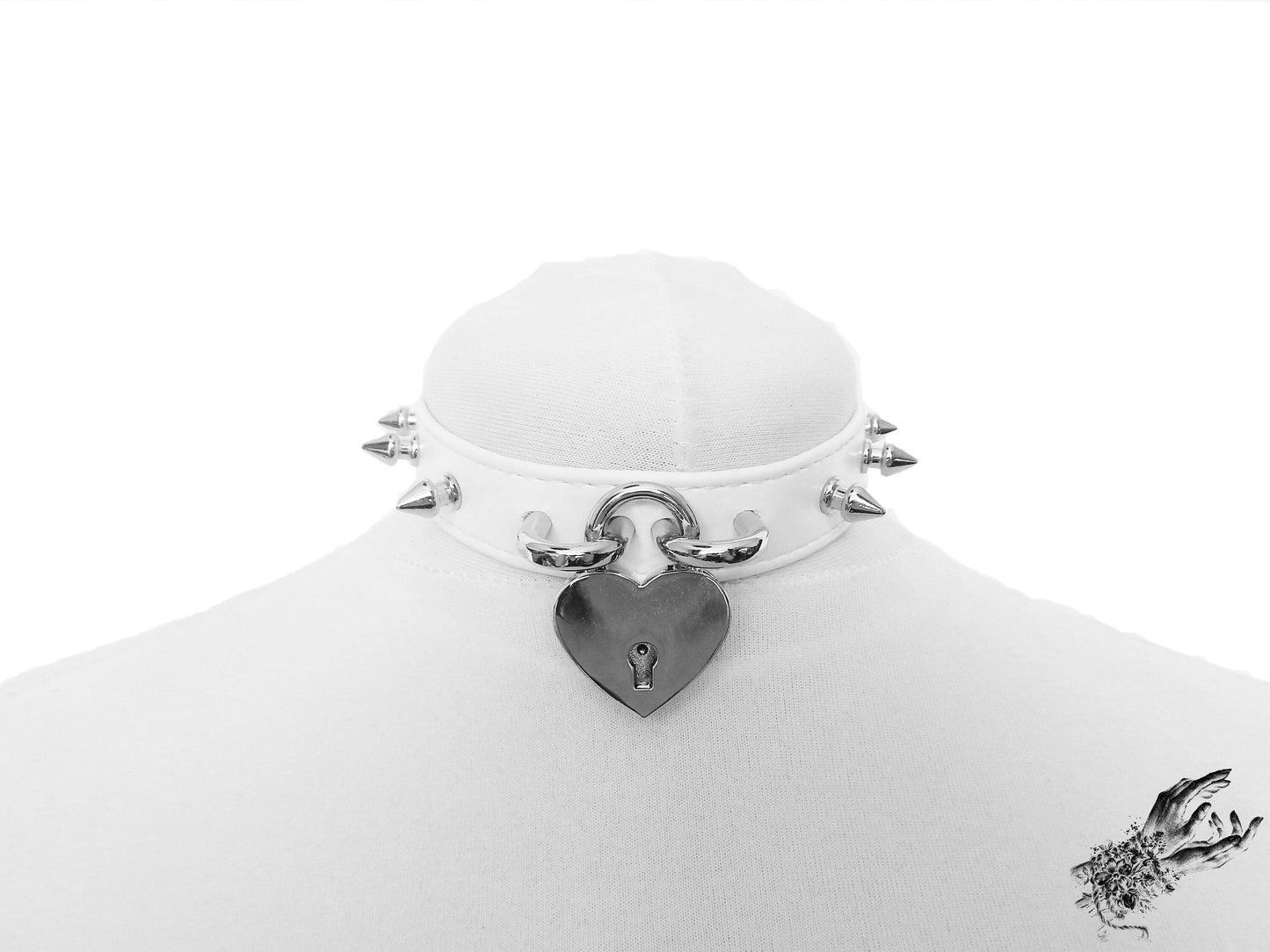 White Faux Leather Studded Heart Padlock Choker - LARGE SIZE - 8th Sin