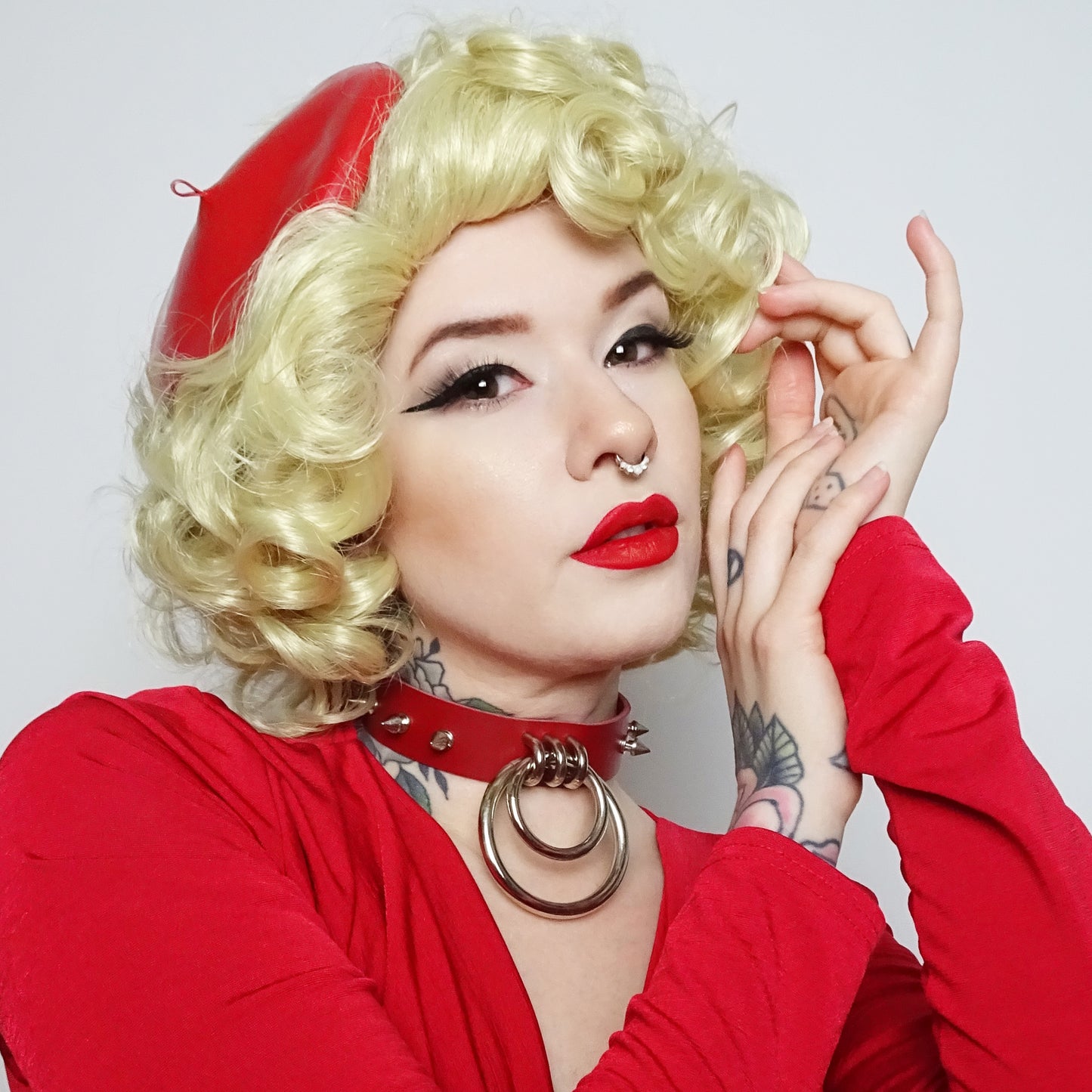 Red Studded Double O Ring Choker - 8th Sin