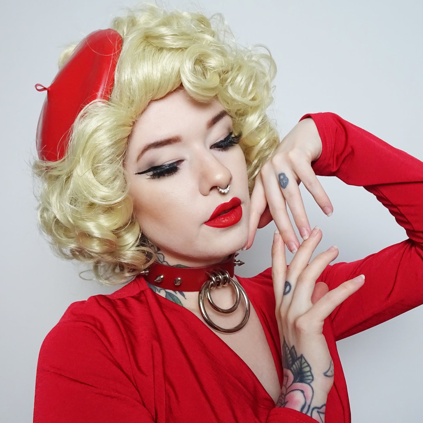 Red Studded Double O Ring Choker - 8th Sin