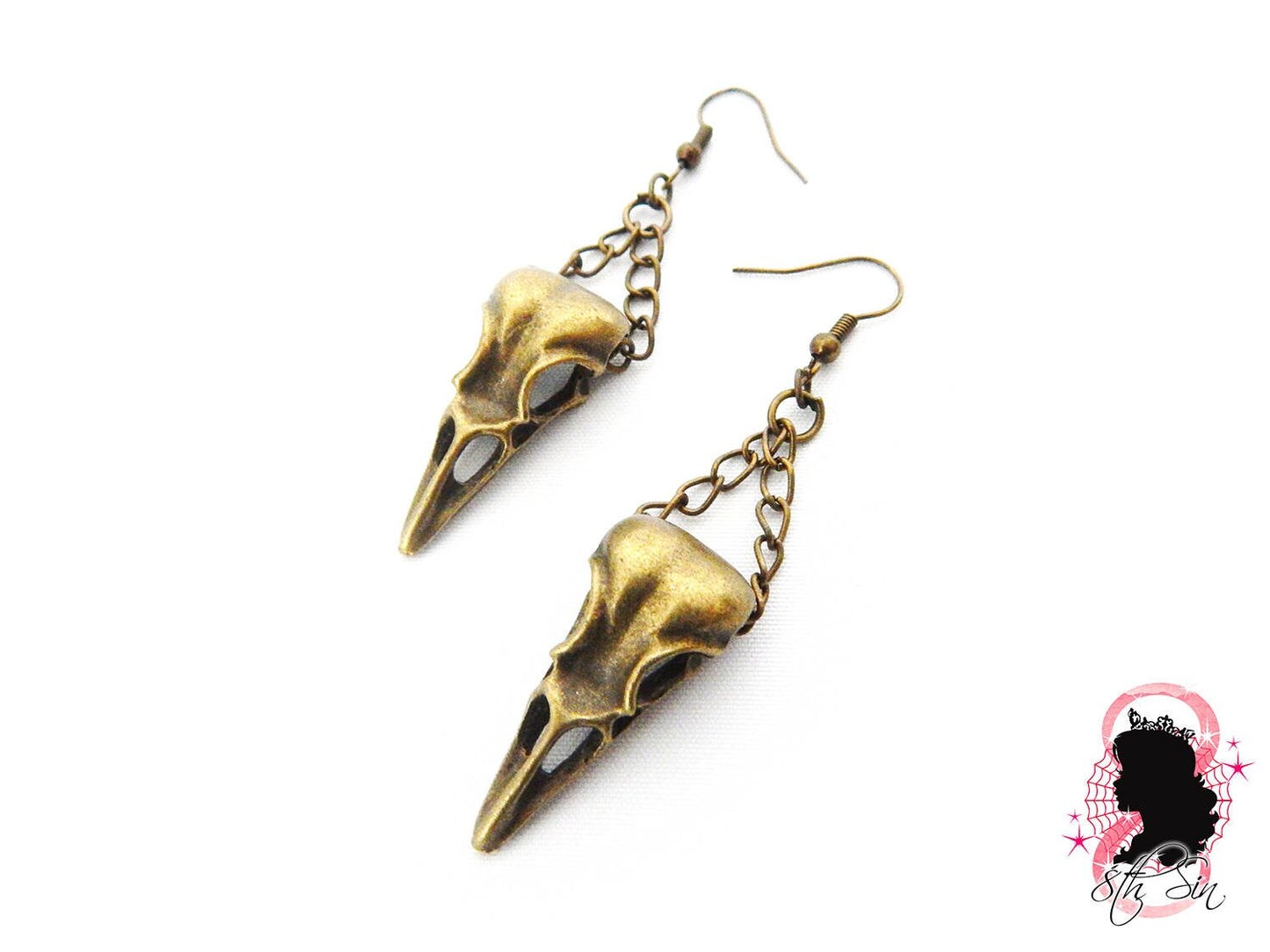 Antique Bronze Chained Bird Skull Earrings - 8th Sin