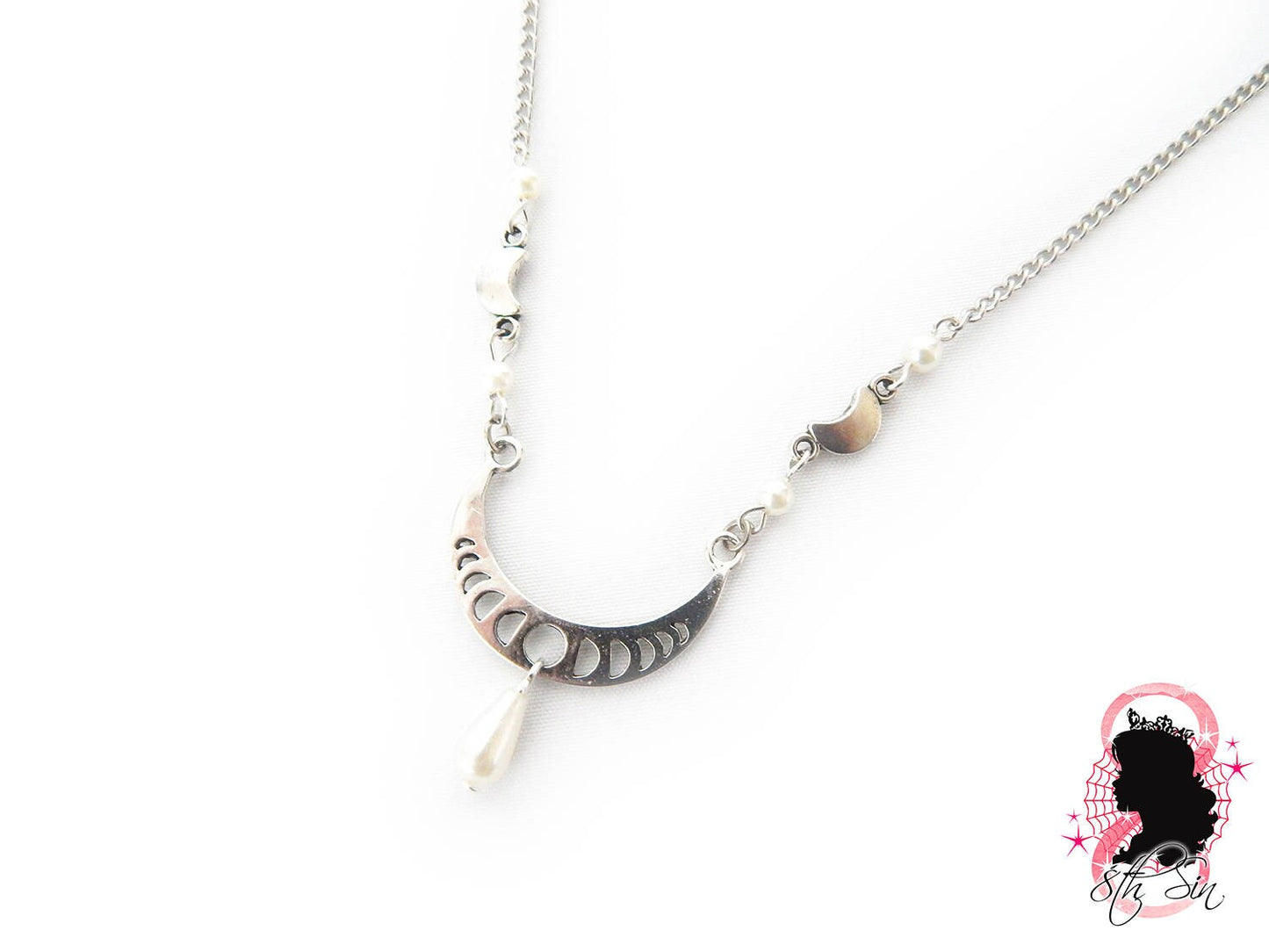 Antique Silver Pearl Moon Necklace - 8th Sin