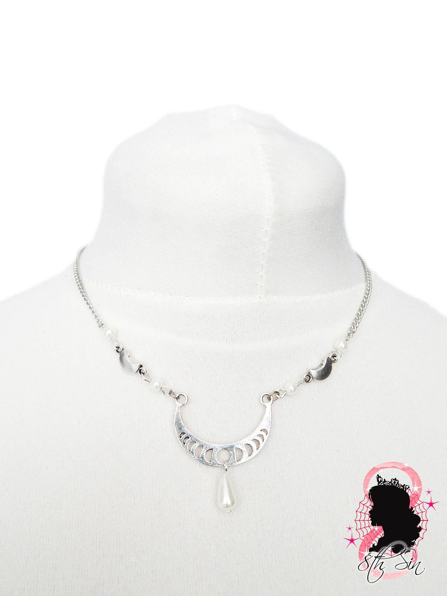 Antique Silver Pearl Moon Necklace - 8th Sin