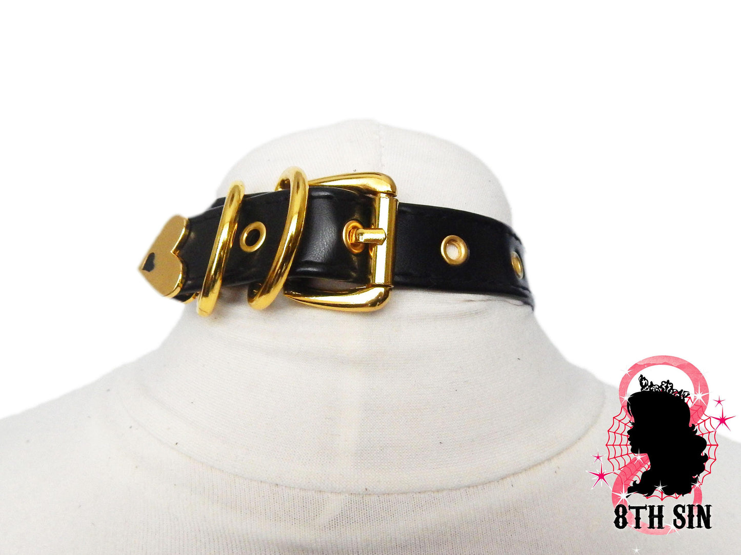 Black and Gold Studded Heart Padlock Choker with Key - 8th Sin