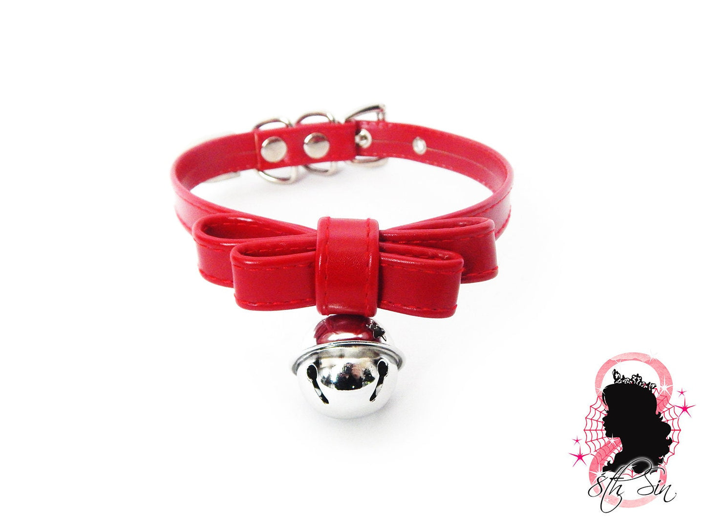 Red Faux Leather Bow and Bell Choker
