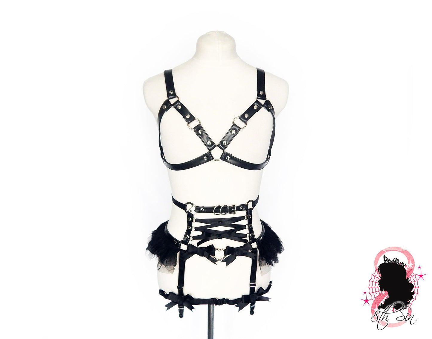 Black Vegan Leather Cage and Corset Harness Set - 8th Sin