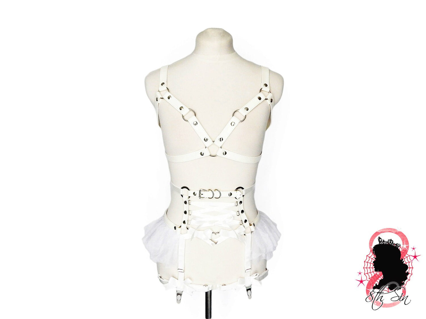 White Vegan Leather Cage and Corset Harness Set