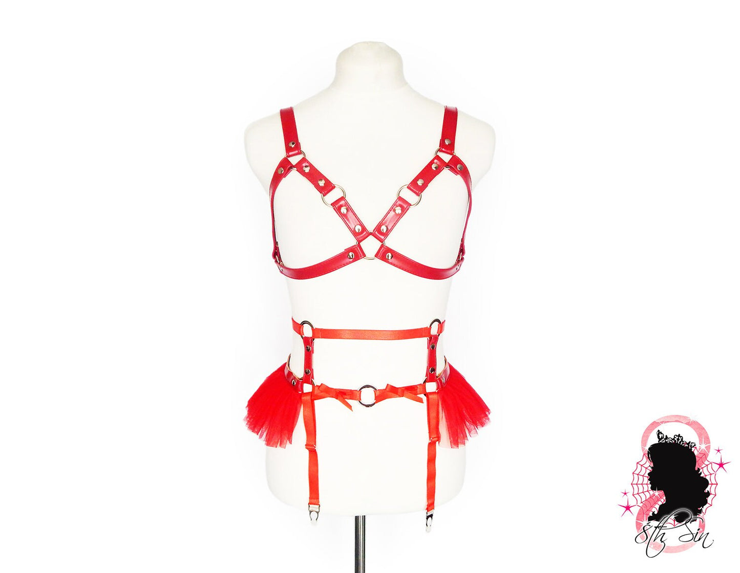 Red Vegan Leather Cage Harness Set