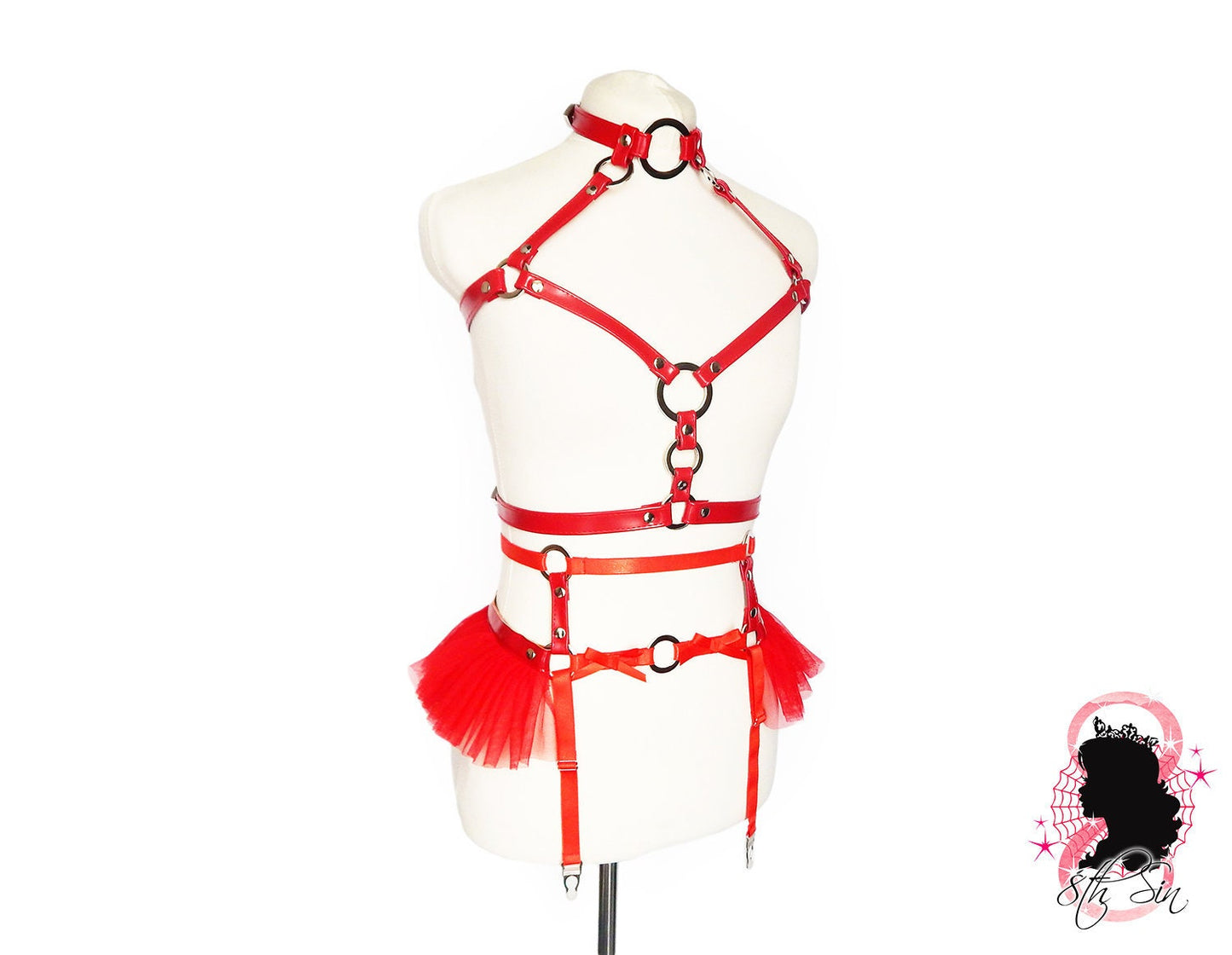 Red Vegan Leather O Ring Harness Set