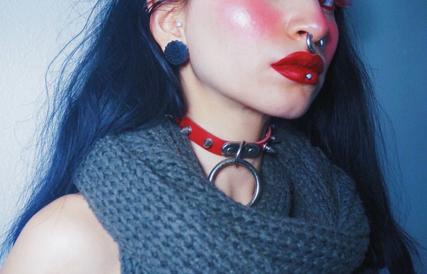 Red Leather Studded D and O Ring Choker - 8th Sin