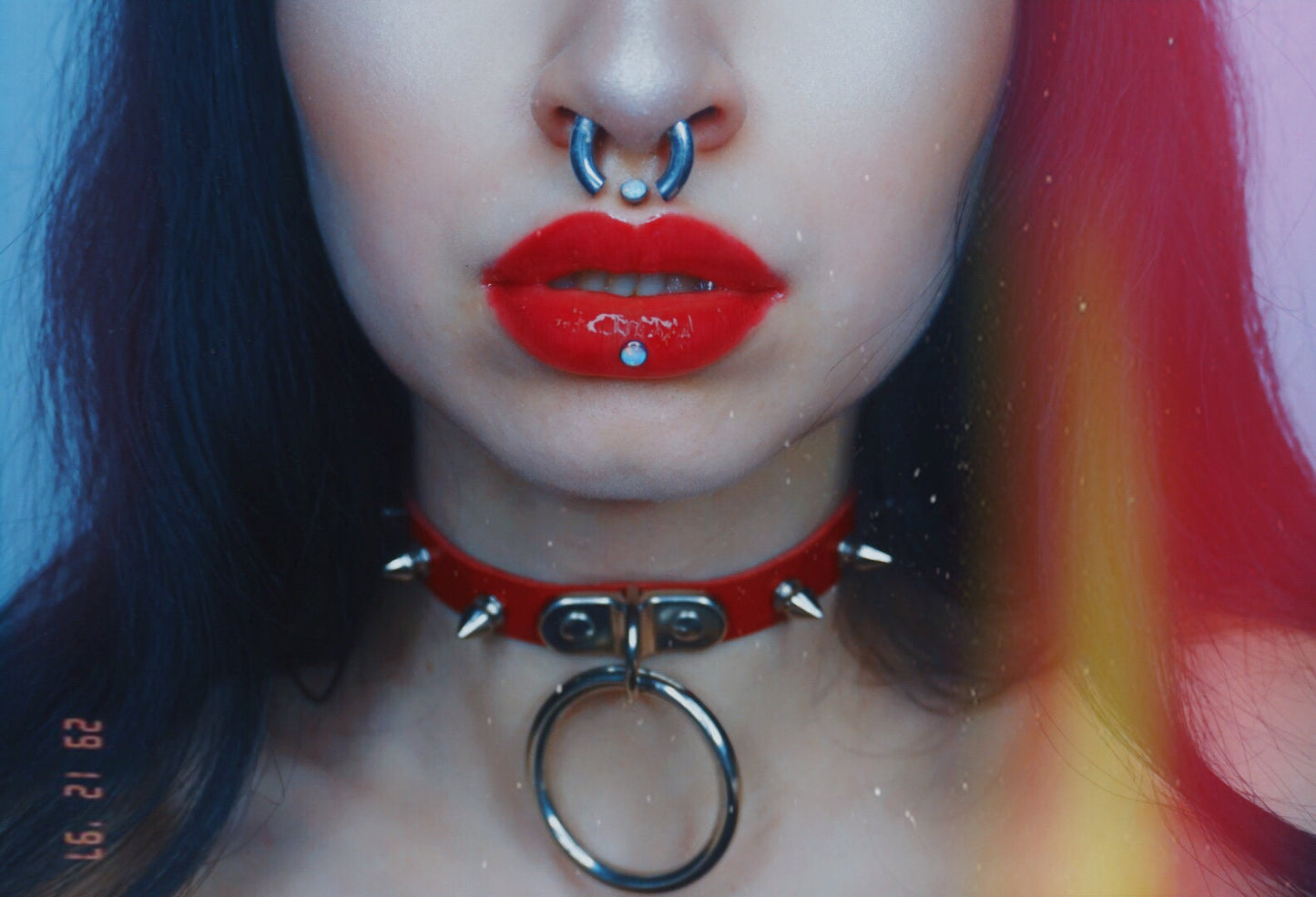 Red Leather Studded D and O Ring Choker - 8th Sin