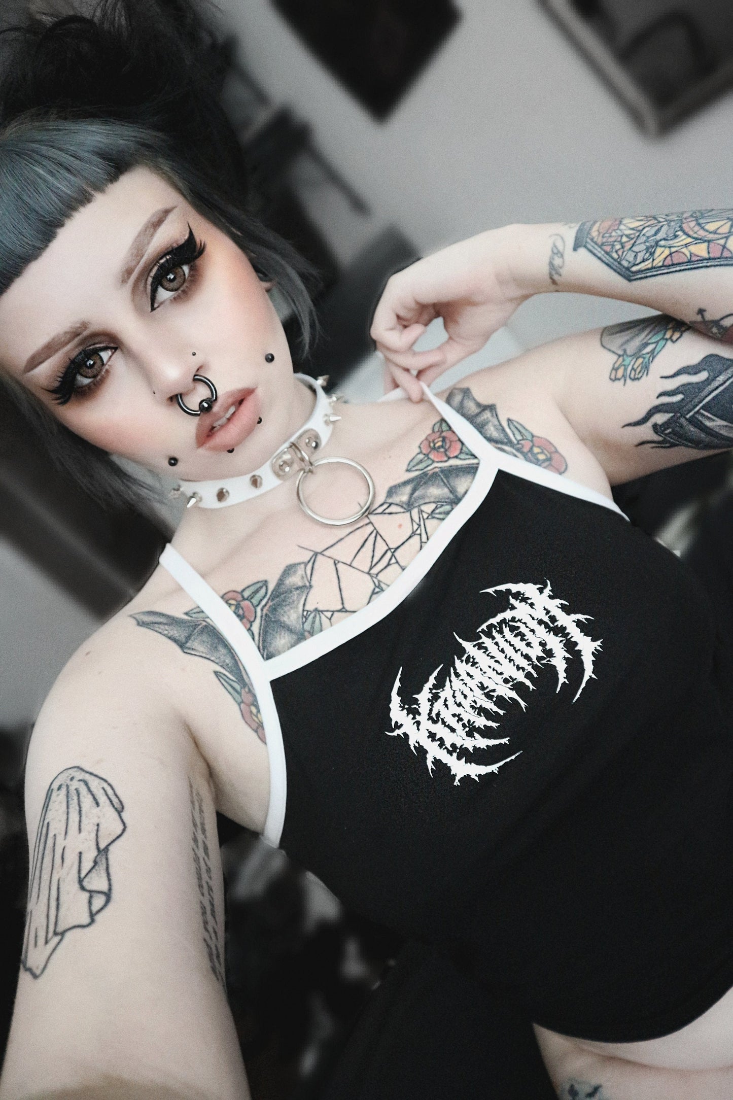 White Leather Studded D and O Ring Choker - 8th Sin