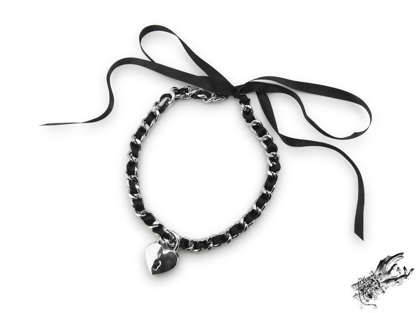 Black Ribbon Chain and Heart Padlock Choker - 8th Sin