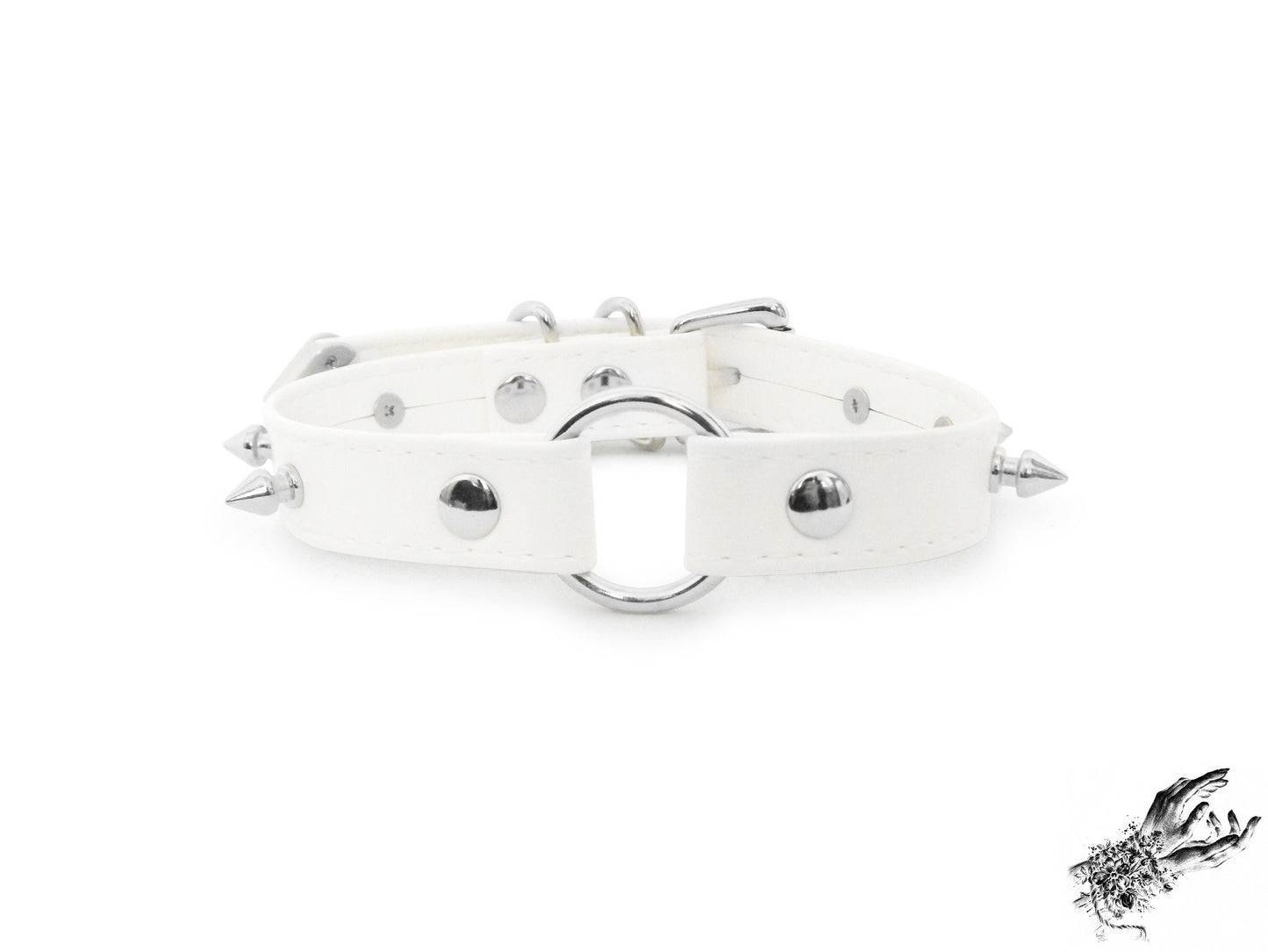 White Faux Leather Studded O Ring Choker
