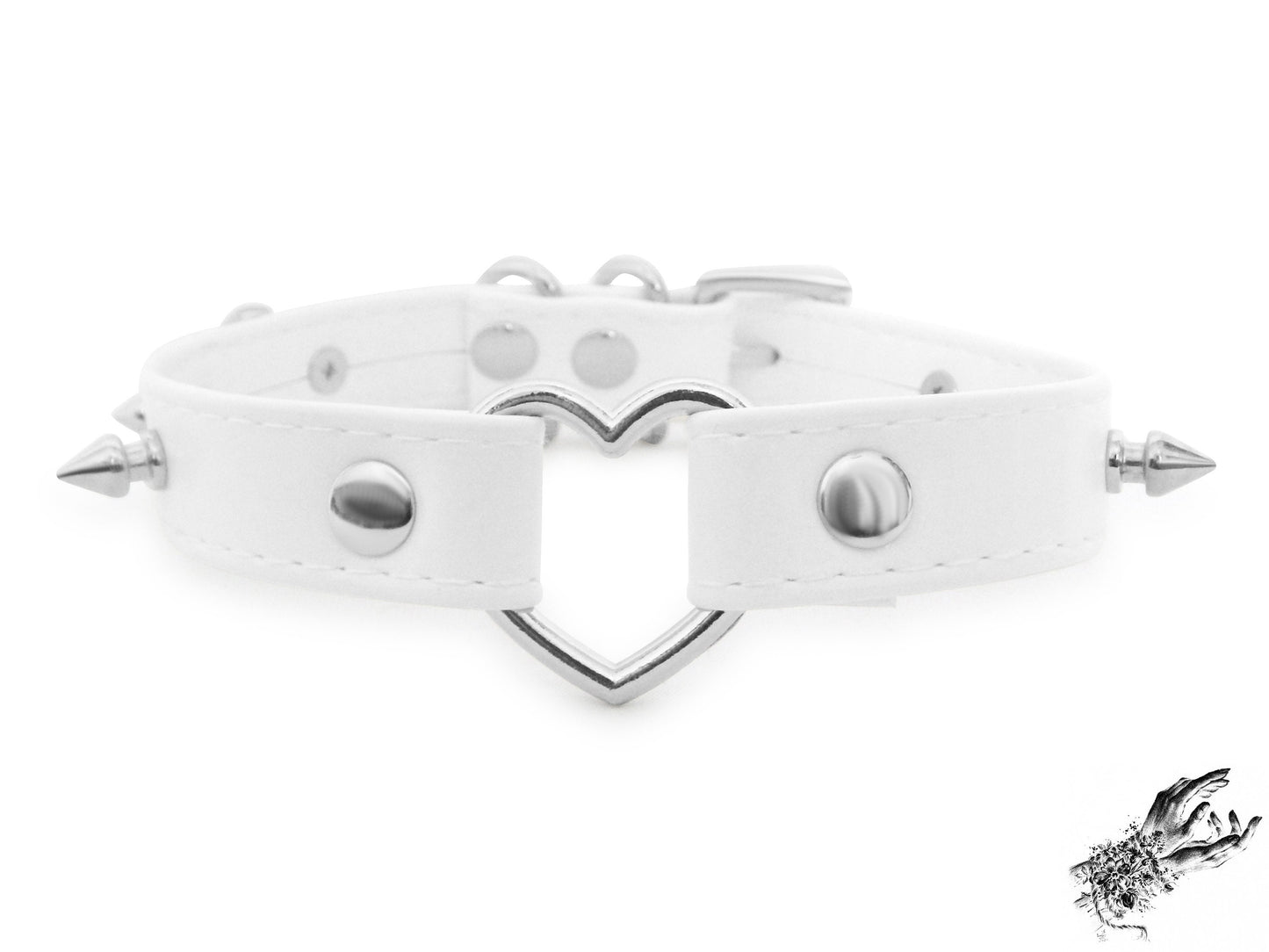 White Faux Leather Studded Heart Ring Choker