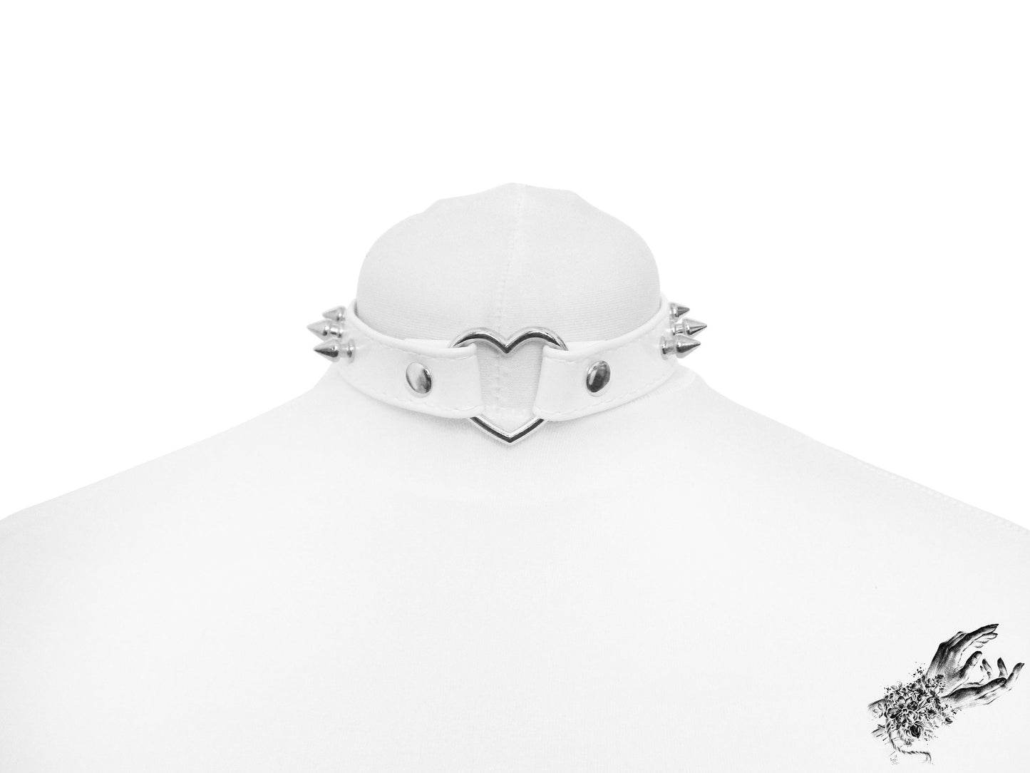 White Faux Leather Studded Heart Ring Choker