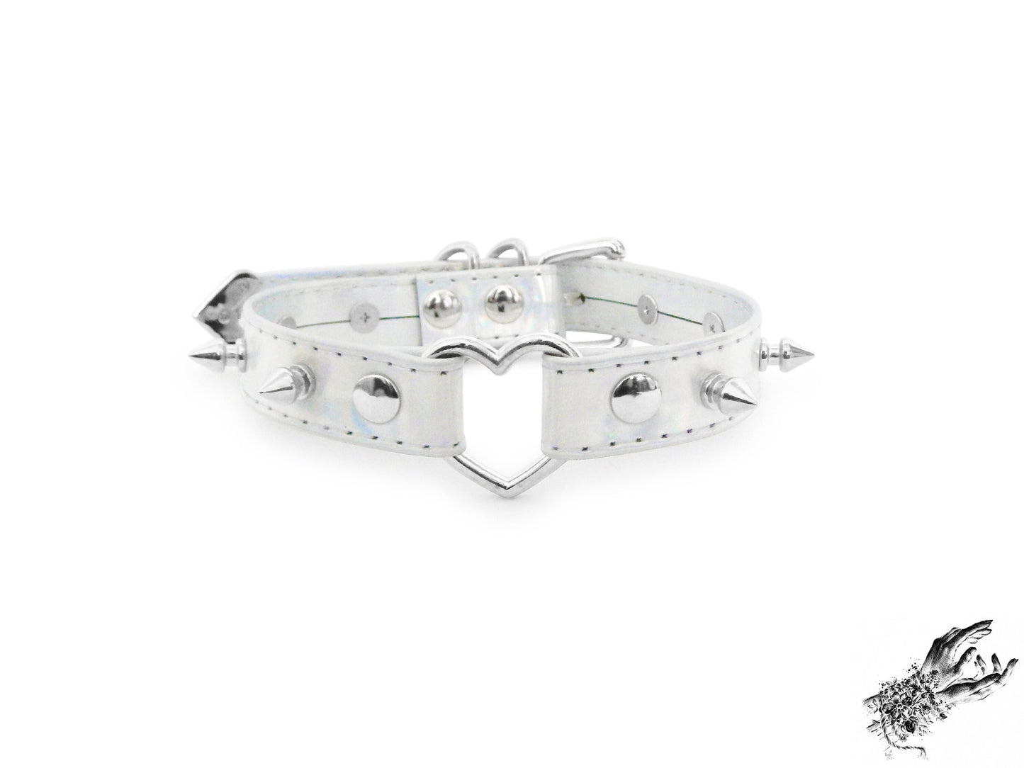 Holographic Silver Studded Heart Ring Choker