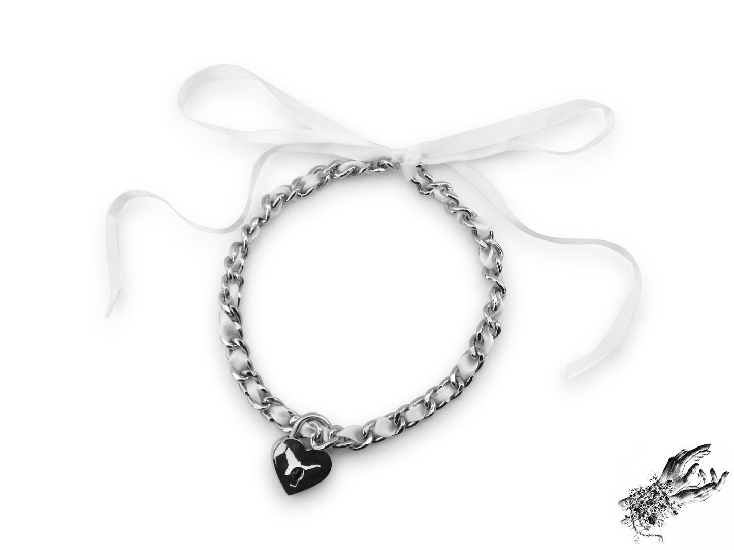 White Ribbon Chain and Heart Padlock Choker