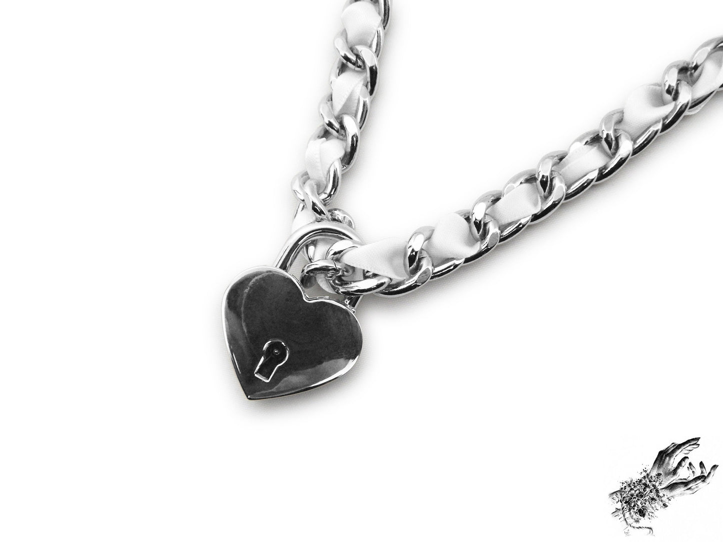 White Ribbon Chain and Heart Padlock Choker