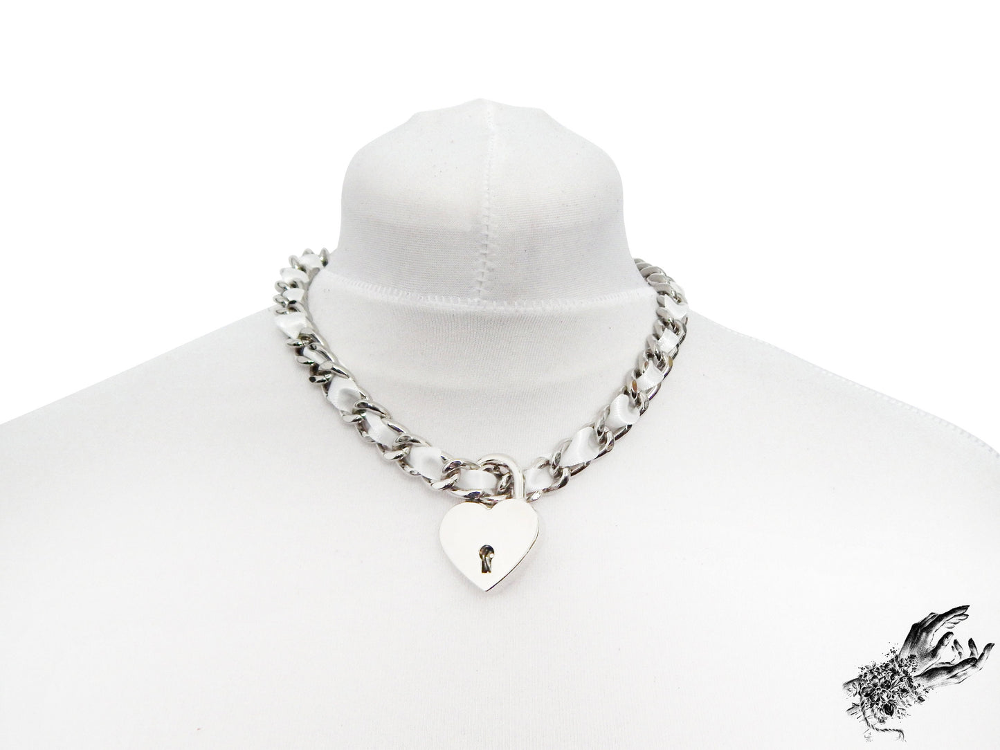 White Ribbon Chain and Heart Padlock Choker