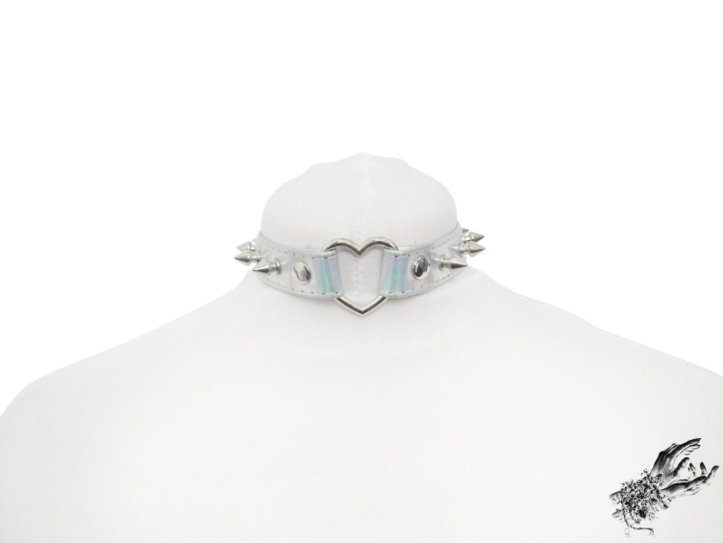 Holographic Silver Studded Heart Ring Choker