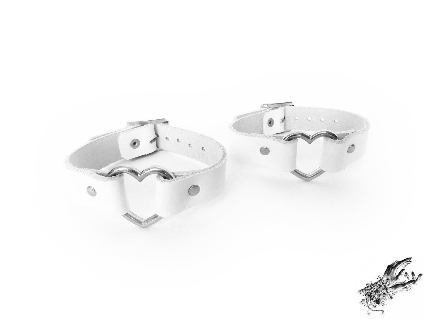 White Leather Heart Ring Ankle Cuffs - {{variant_title}}