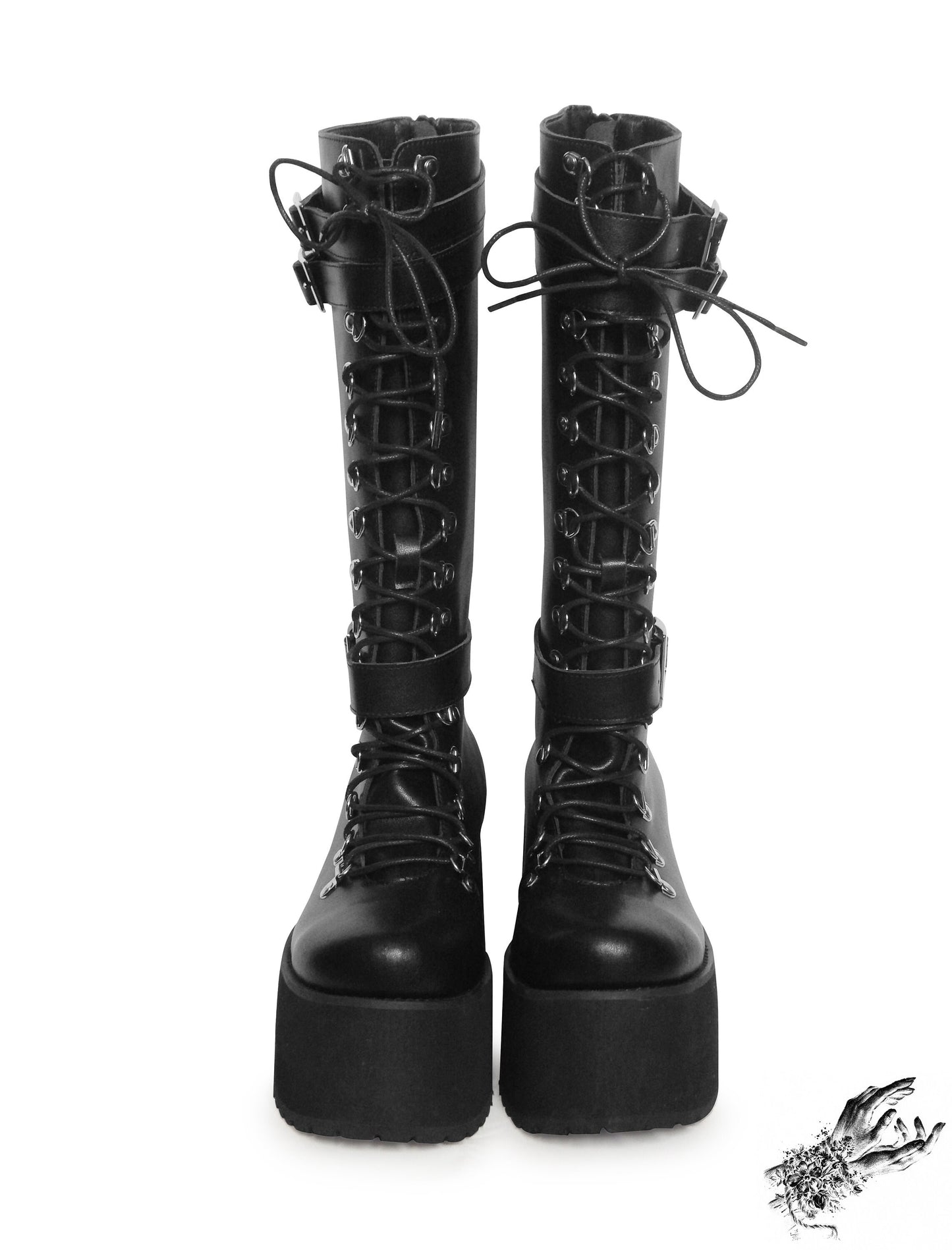 Black Matte Leather Knee High Platform Boots, "Lexa" Gothic Platform Boots - 8th Sin