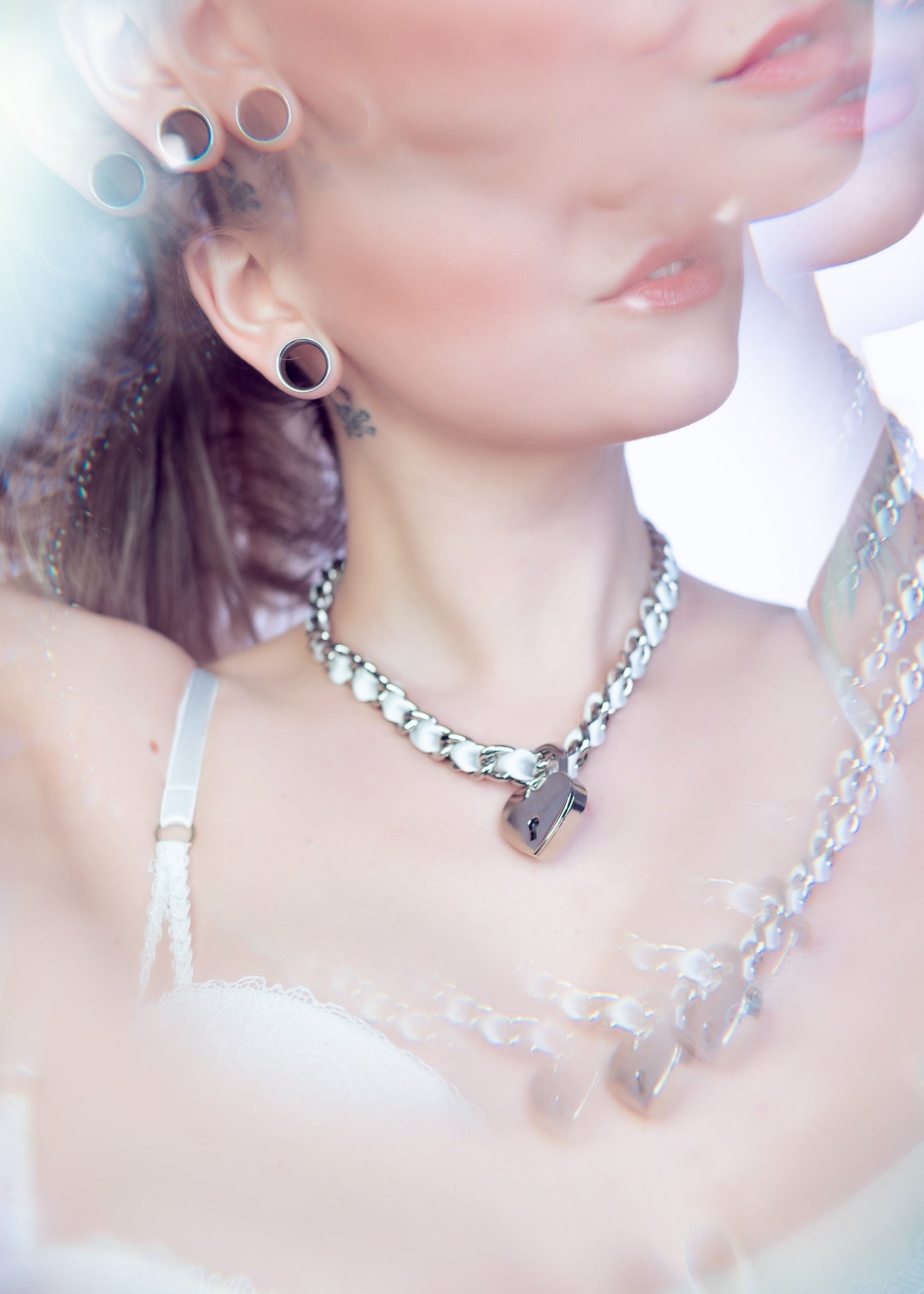 White Ribbon Chain and Heart Padlock Choker