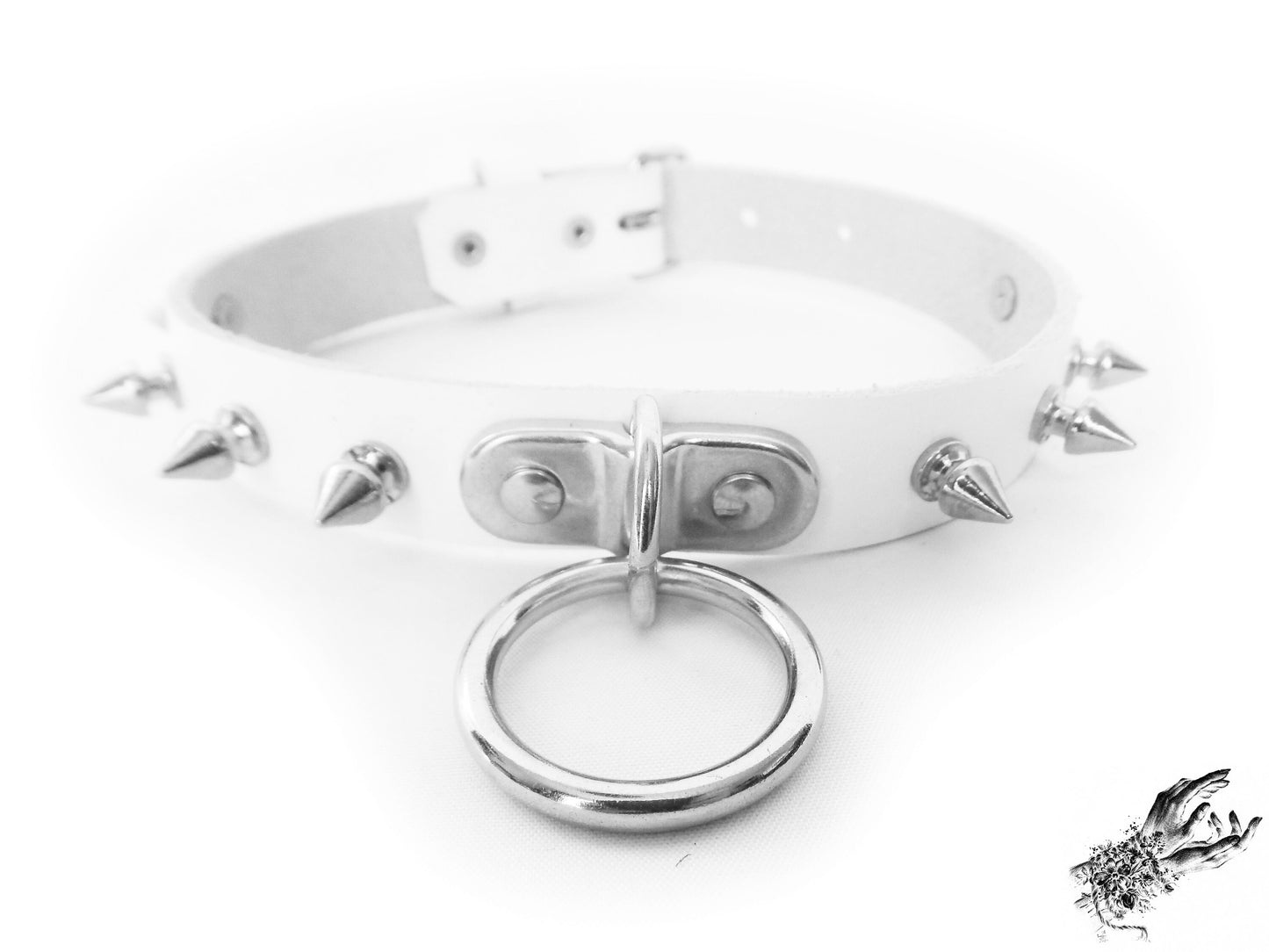 White Leather Studded D and O Ring Choker - 8th Sin