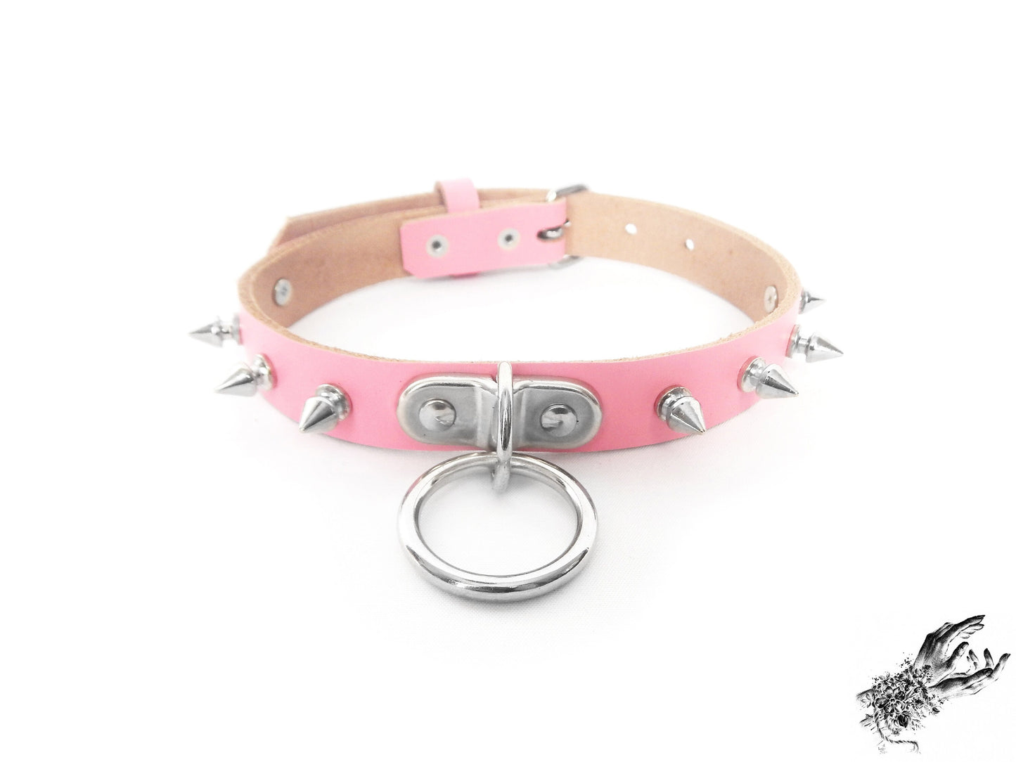 Pink Leather Studded D and O Ring Choker - 8th Sin