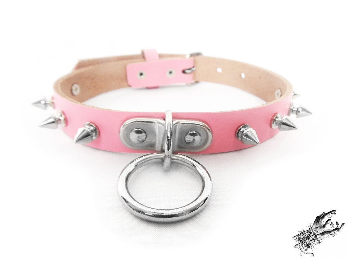 Pink Leather Studded D and O Ring Choker - 8th Sin