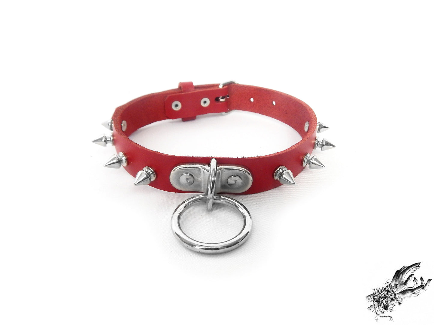 Red Leather Studded D and O Ring Choker - 8th Sin