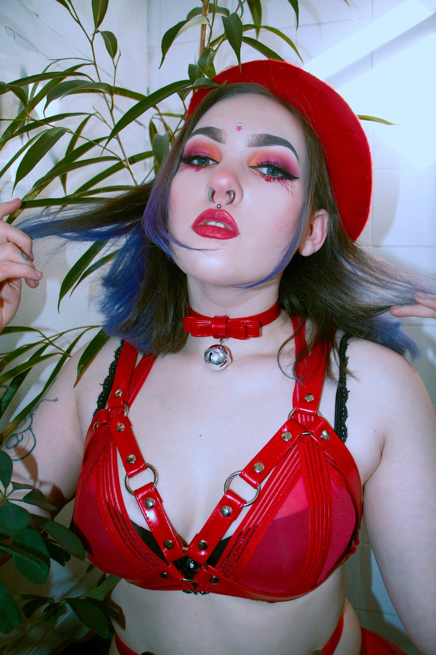Red Vegan Leather Cage Harness Bra