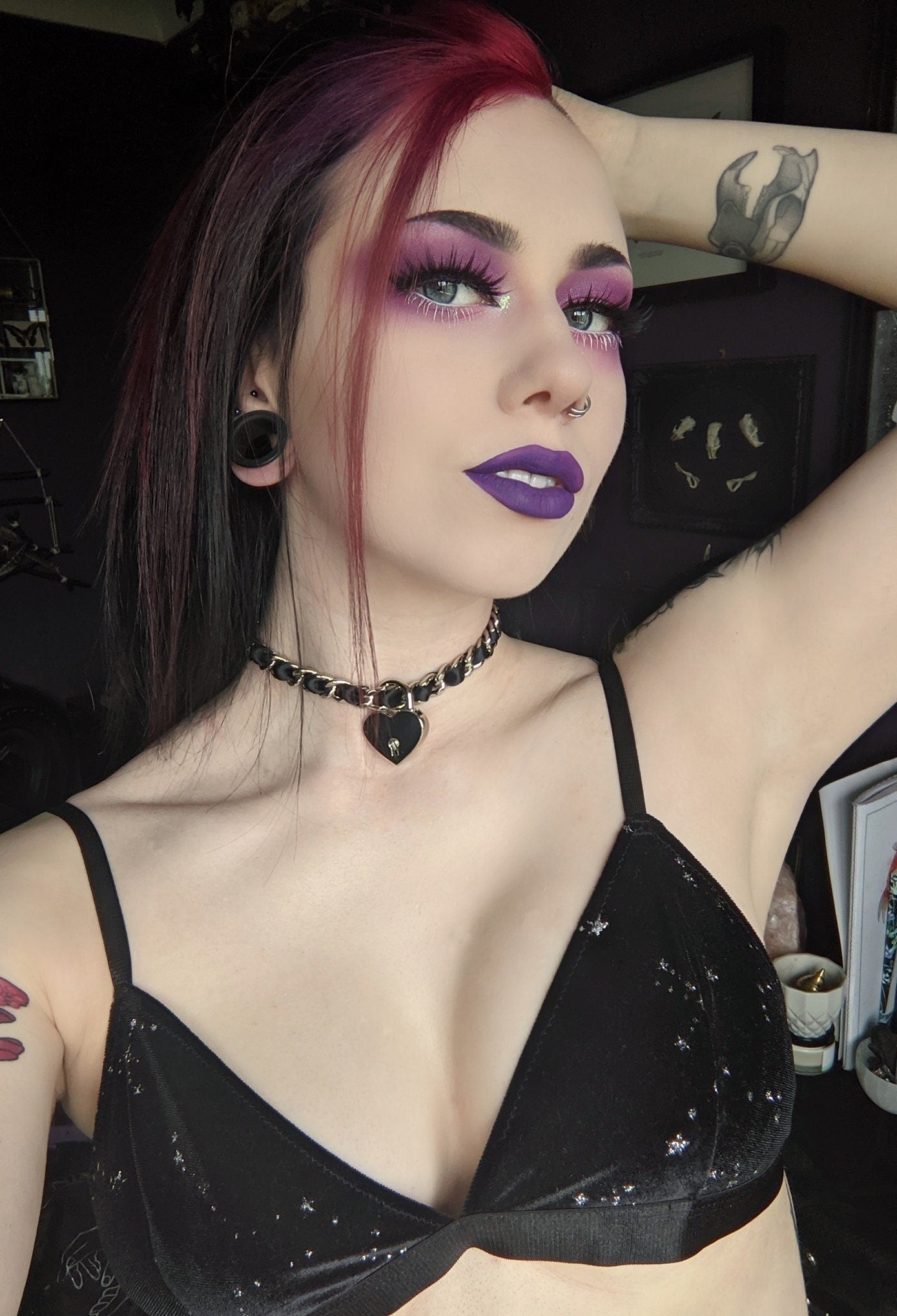 Black Ribbon Chain and Heart Padlock Choker - 8th Sin