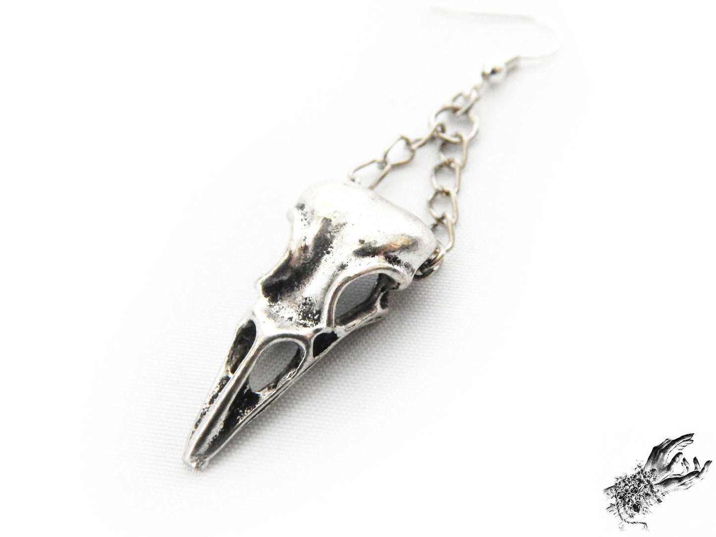 Antique Silver Chained Bird Skull Earrings - 8th Sin