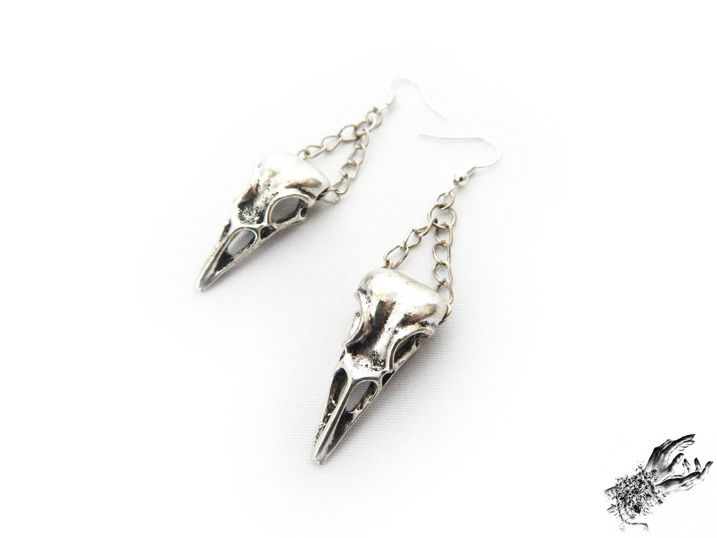 Antique Silver Chained Bird Skull Earrings - 8th Sin
