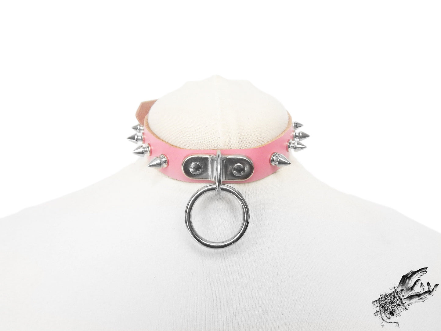 Pink Leather Studded D and O Ring Choker - 8th Sin