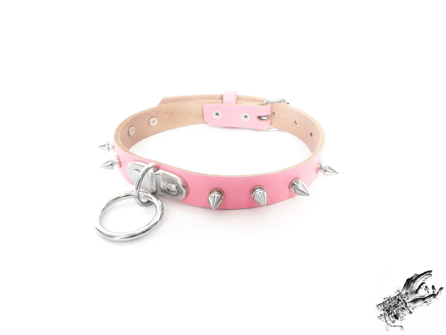 Pink Leather Studded D and O Ring Choker - 8th Sin