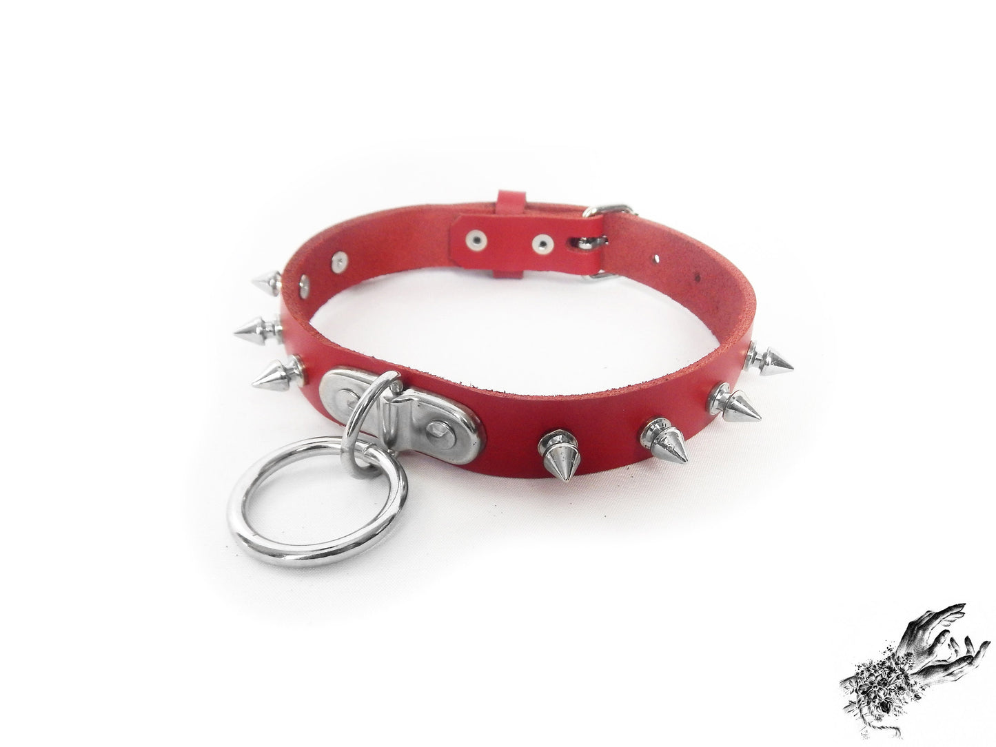 Red Leather Studded D and O Ring Choker - 8th Sin