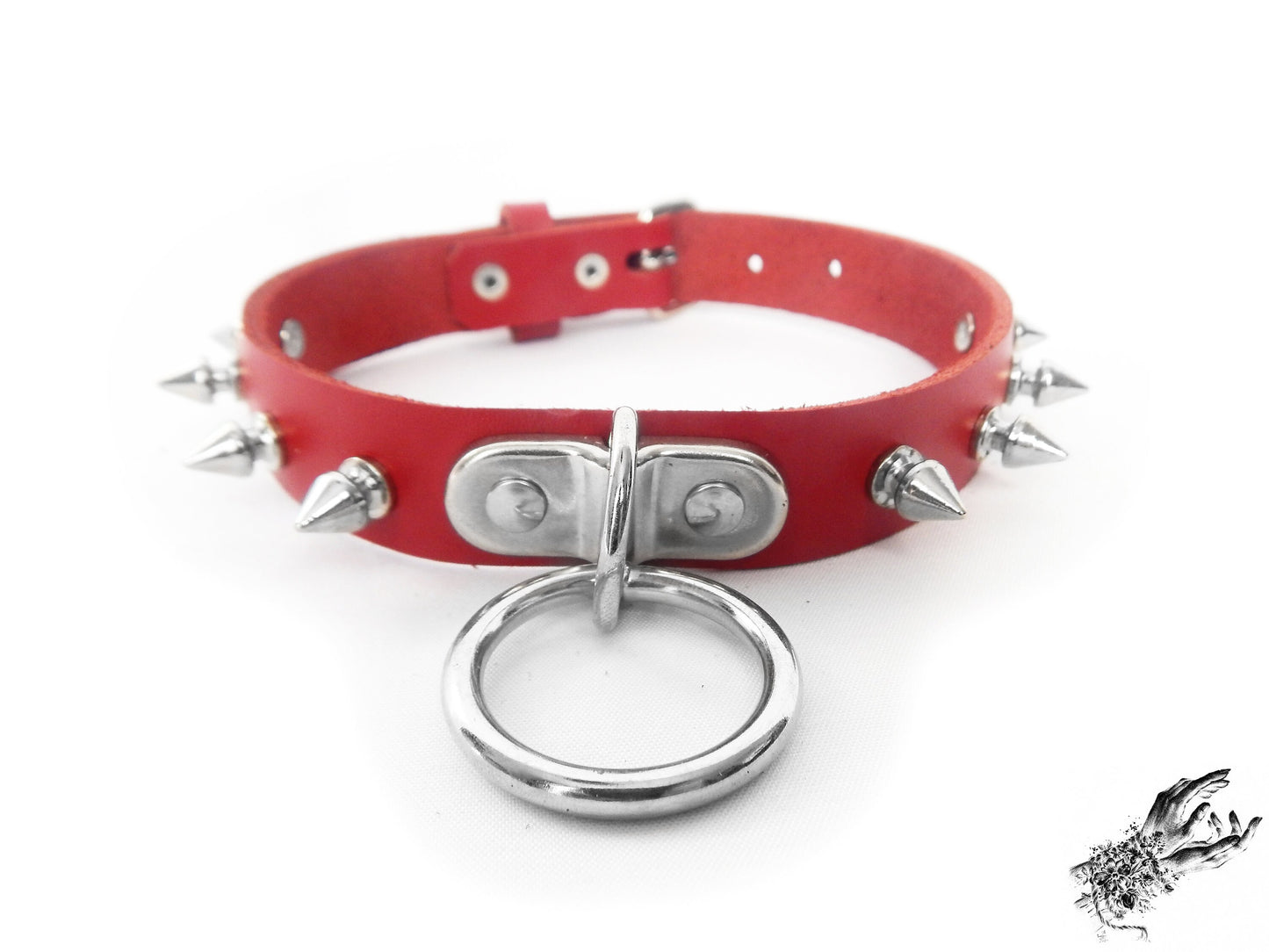 Red Leather Studded D and O Ring Choker - 8th Sin